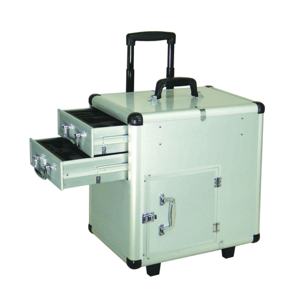 A silver rolling hard case with foam inlay, a retractable handle, two open sliding drawers with dividers, a closed side compartment with latch and black reinforced corners - ideal for B2B customization needs. Shown on a white background.