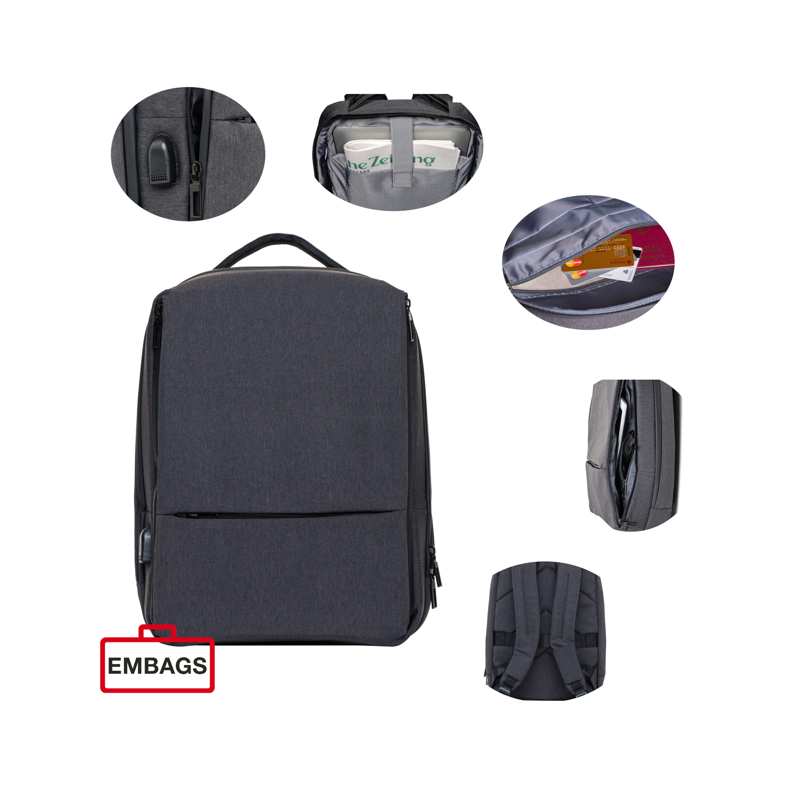 Topbag-one-. Dunkelgrauer Rucksack mit mehreren Fächern, USB-Anschluss, Rückenpolsterung und verstellbaren Trägern in Detailansichten.