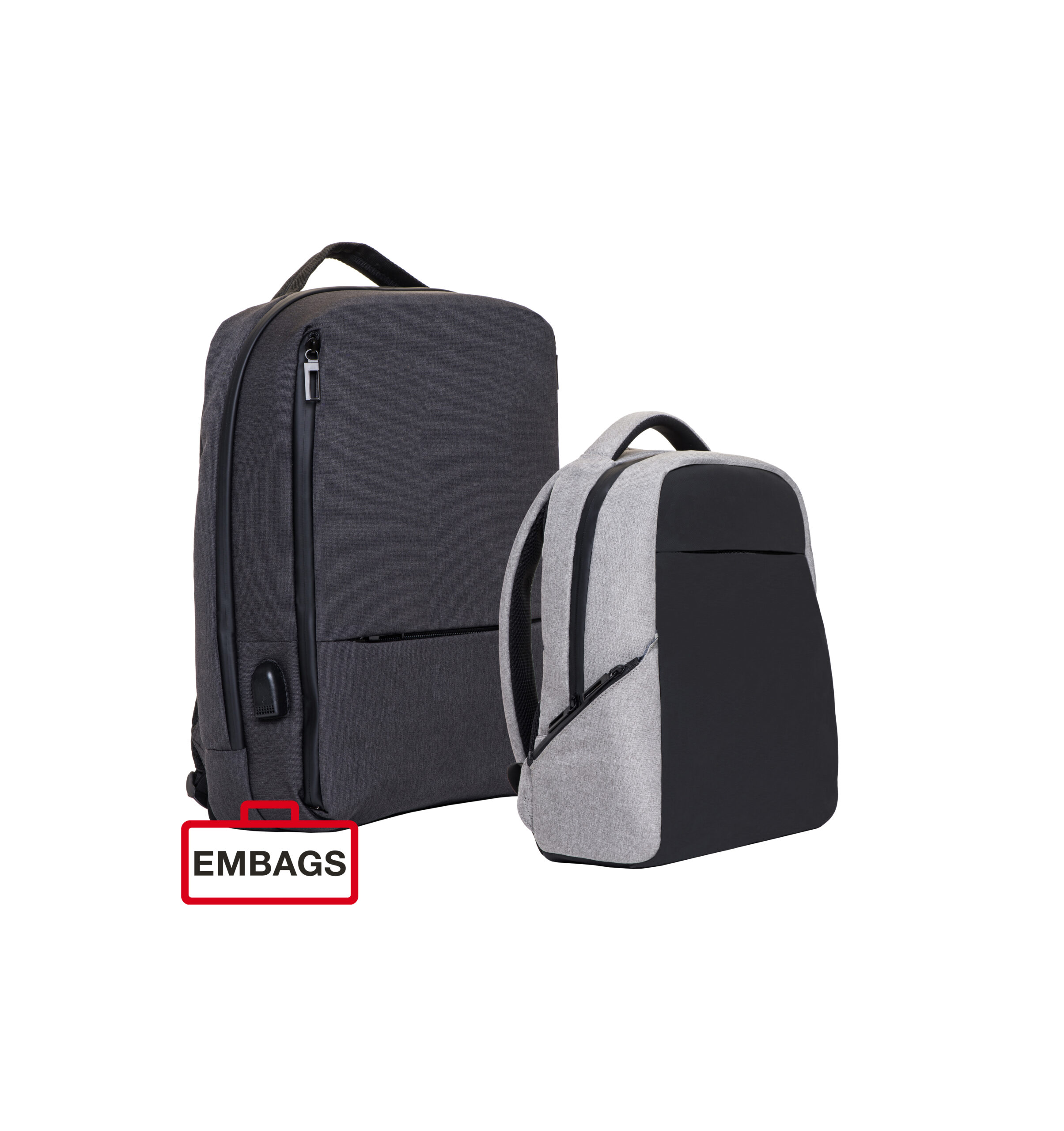 Topbag..-1 Zwei moderne Rucksäcke, ein dunkelgrauer und ein hellgrauer, sind nebeneinander auf einem weißen Hintergrund mit einem EMBAGS-Anhänger abgebildet.