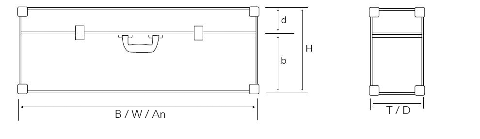 Line drawing of an individual protective case for the B2B sector, shown from the front and from the side. Designated dimensions: width (W), height (H), height of the upper part (d), height of the main part (b) and depth (D).  A handle is centered on the front view.