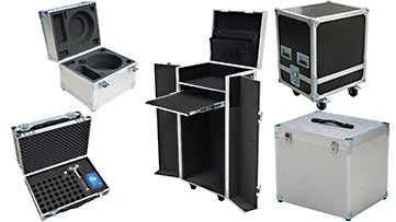 Shown are five different customized transport cases with foam inserts. Each case varies in size and shape and is equipped with reinforced edges, secure latches, handles and foam inserts or compartments for organizing equipment.