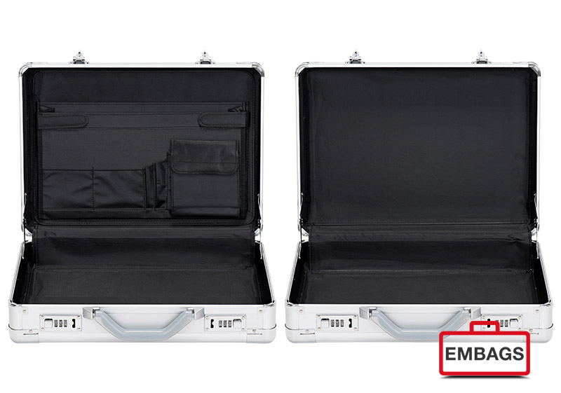 Zwei silberne Aluminiumkoffer sind geöffnet und leer dargestellt. Der linke Koffer hat Innentaschen und Fächer, während die rechte Alu-Boxen ein einfaches Innenleben hat. In der rechten unteren Ecke befindet sich ein rotes EMBAGS-Etikett, perfekt für den B2B-Einsatz.