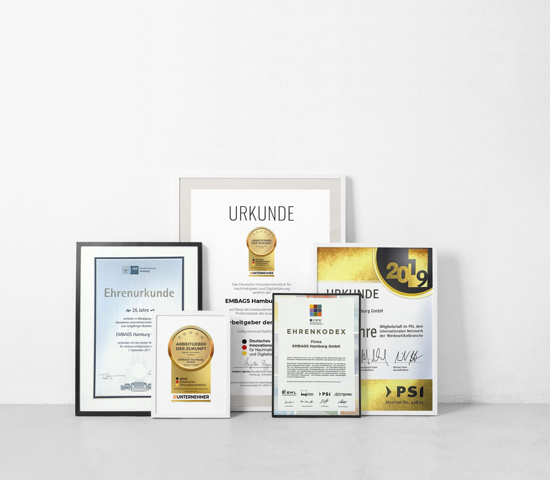 Fünf gerahmte Urkunden und Auszeichnungen unterschiedlicher Größe sind aufrecht an einer weißen Wand auf einer weißen Fläche angebracht. Jeder Rahmen enthält Text, Logos und goldene Siegel, die auf Leistungen oder Anerkennungen hinweisen, teilweise in deutscher Sprache.
