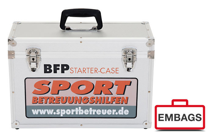A silver metal case with a black handle and two latches. The label on the front reads BFP Starter-Case SPORT BETREUUNGSHILFEN www.sportbetreuer.de. At the bottom right is a red case symbol with EMBAGS.