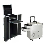 Two views of a portable, wheeled storage case: one image shows the case closed with a handle extended, the other shows it open with multiple compartments and shelves visible.