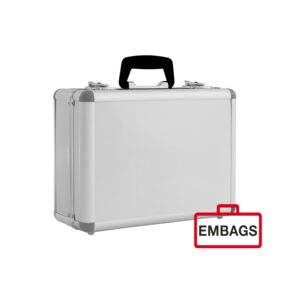 Silberne Hartschalen-Aktentasche mit schwarzem Griff, abgebildet auf weißem Hintergrund mit EMBAGS-Logo in der Ecke.