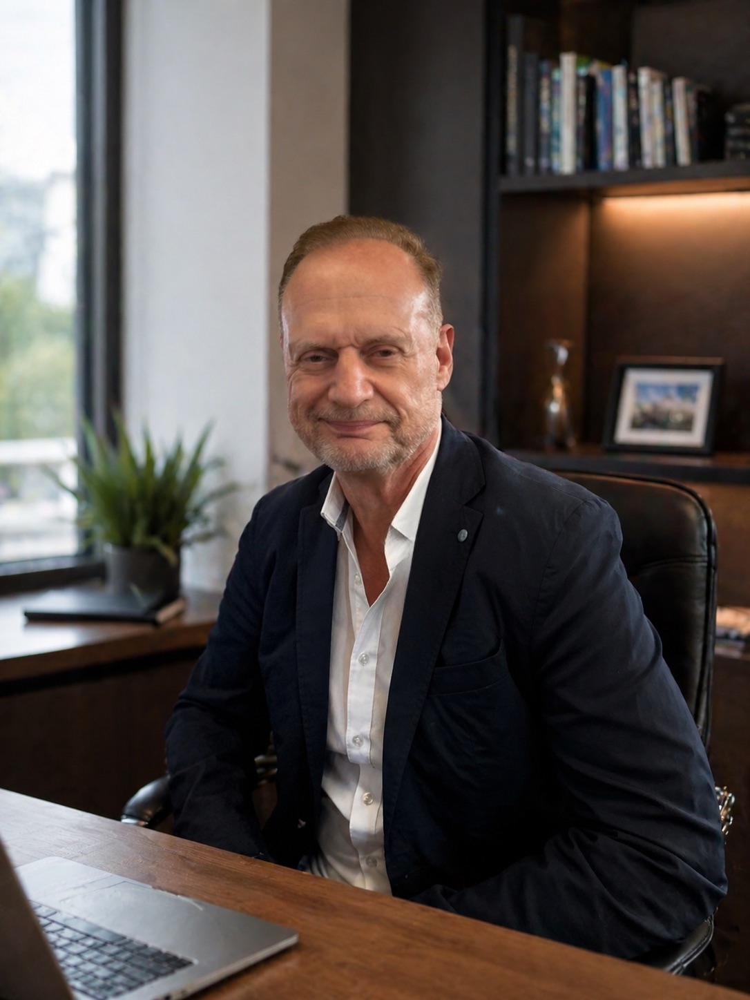 Ein Mann im Blazer sitzt an einem Schreibtisch in einem Büro und lächelt in die Kamera, während im Hintergrund Regale und ein Fenster zu sehen sind.