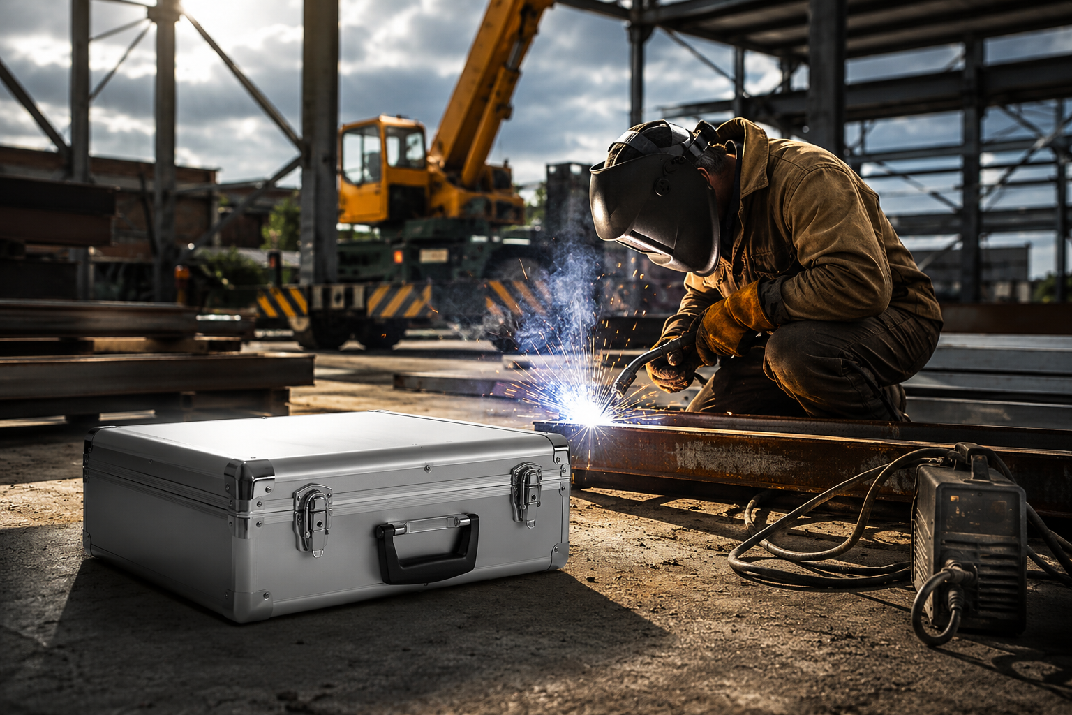 Aluminiumkoffer im industriellen Einsatz auf einer Baustelle